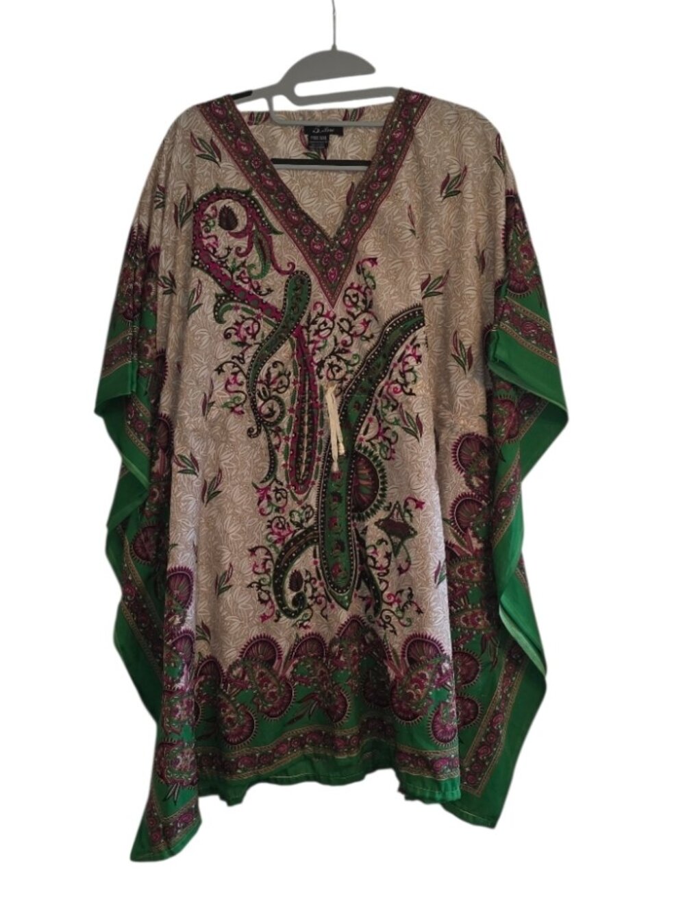 5th And Love Boho Printed Caftan Dress Drawstring Waist Paisley Green OS Hippie
